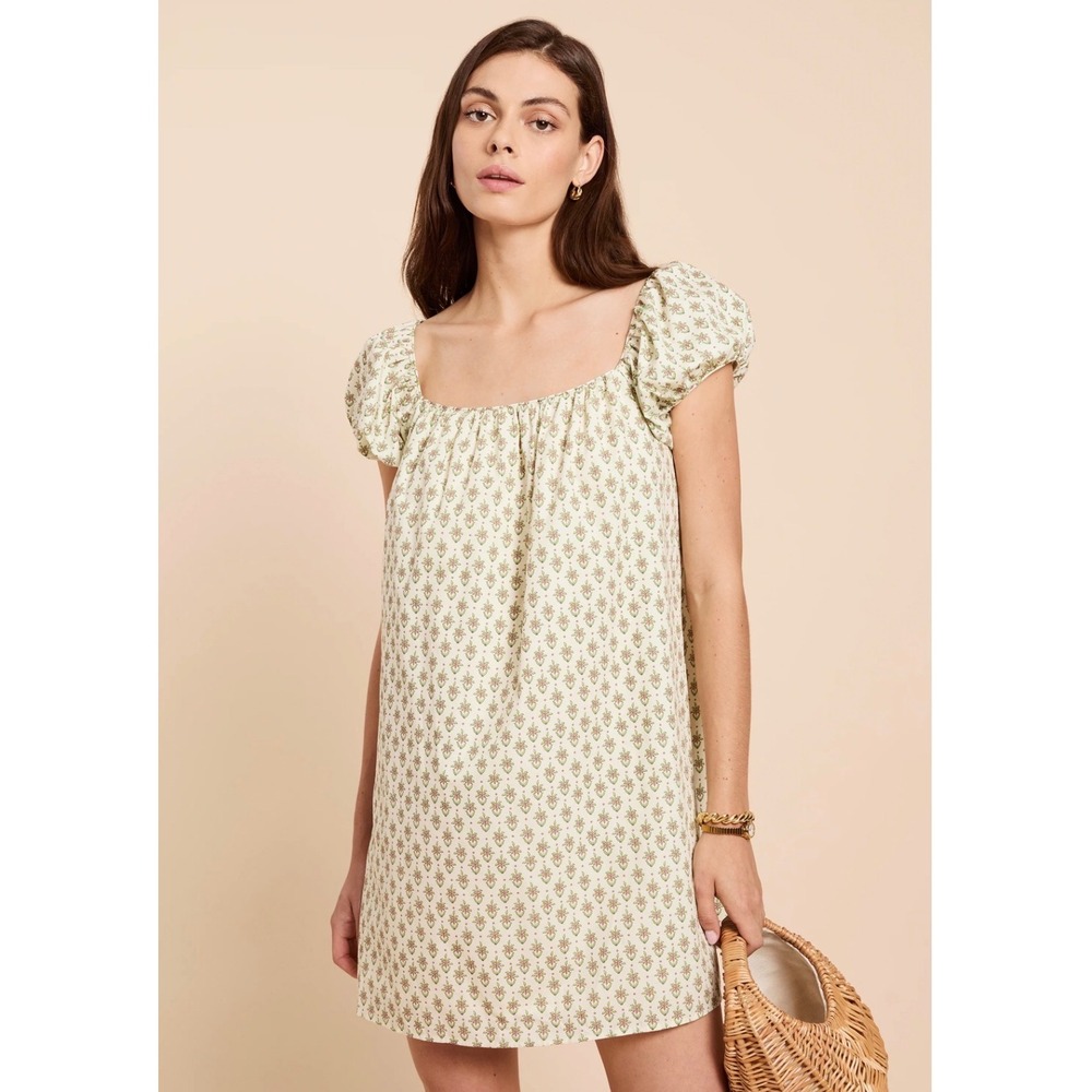 Few Moda Kourt Floral Puff Sleeve Mini Dress Cream Green Size L NWT